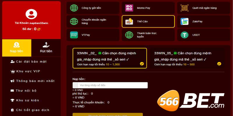 Các phương thức nạp tiền tại 566bet